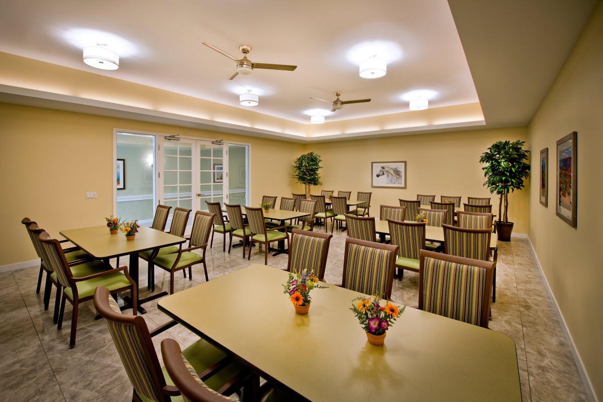 A well-lit dining room or conference space with neatly arranged chairs and tables, complemented by decorative plants.