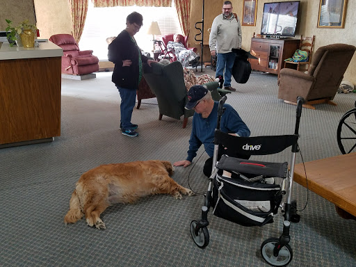 A cozy indoor setting where people interact with a dog and a wheelchair.