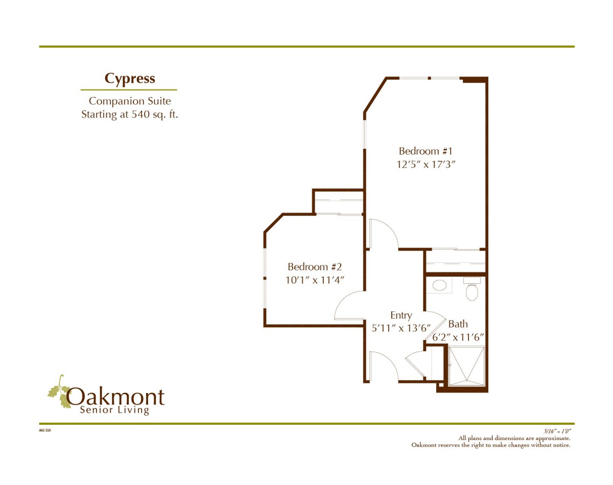 Floor plan of the Cypress model at Oakmont Senior Living, featuring a 2-bedroom layout.
