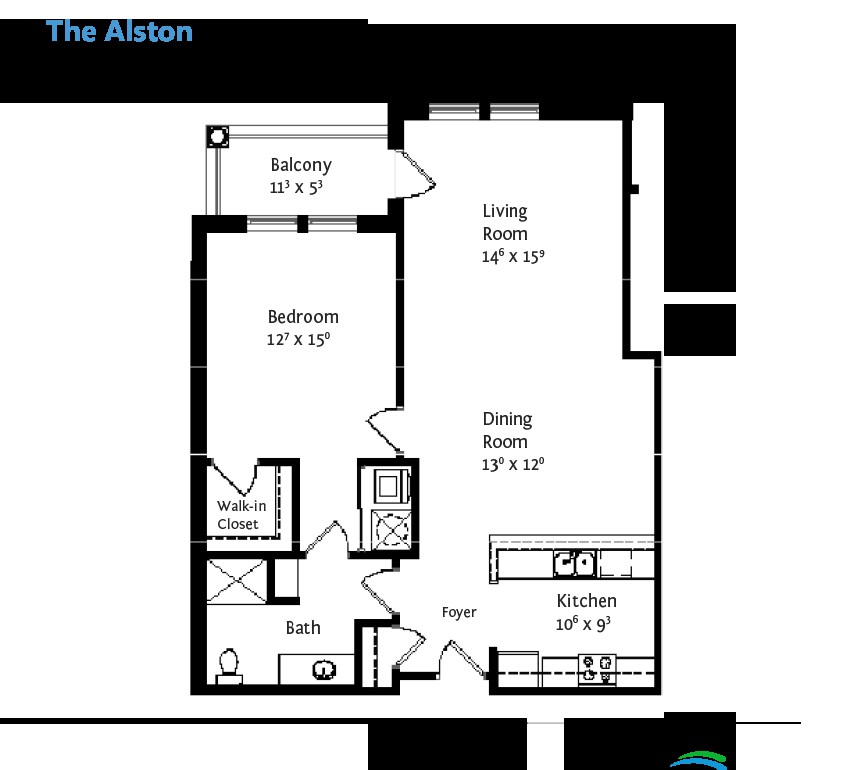 Floor plan of a one-bedroom apartment with detailed room dimensions.
