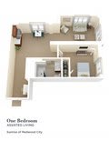 A 3D floor plan of a one-bedroom apartment.