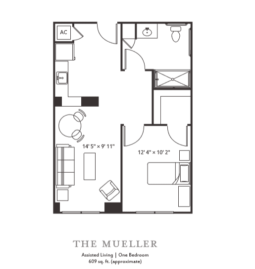 Floor plan of a one-bedroom apartment labeled 'The Mueller.'