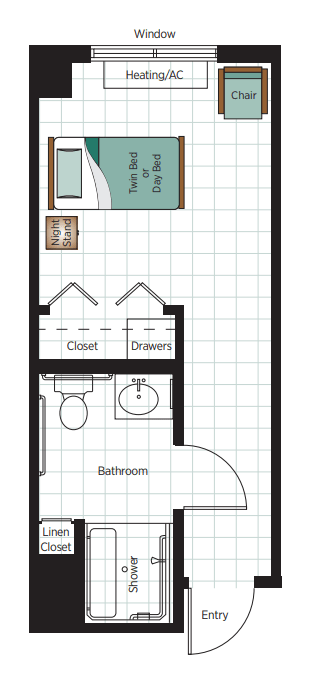 Floor plan of a small bedroom with an attached bathroom and closet.