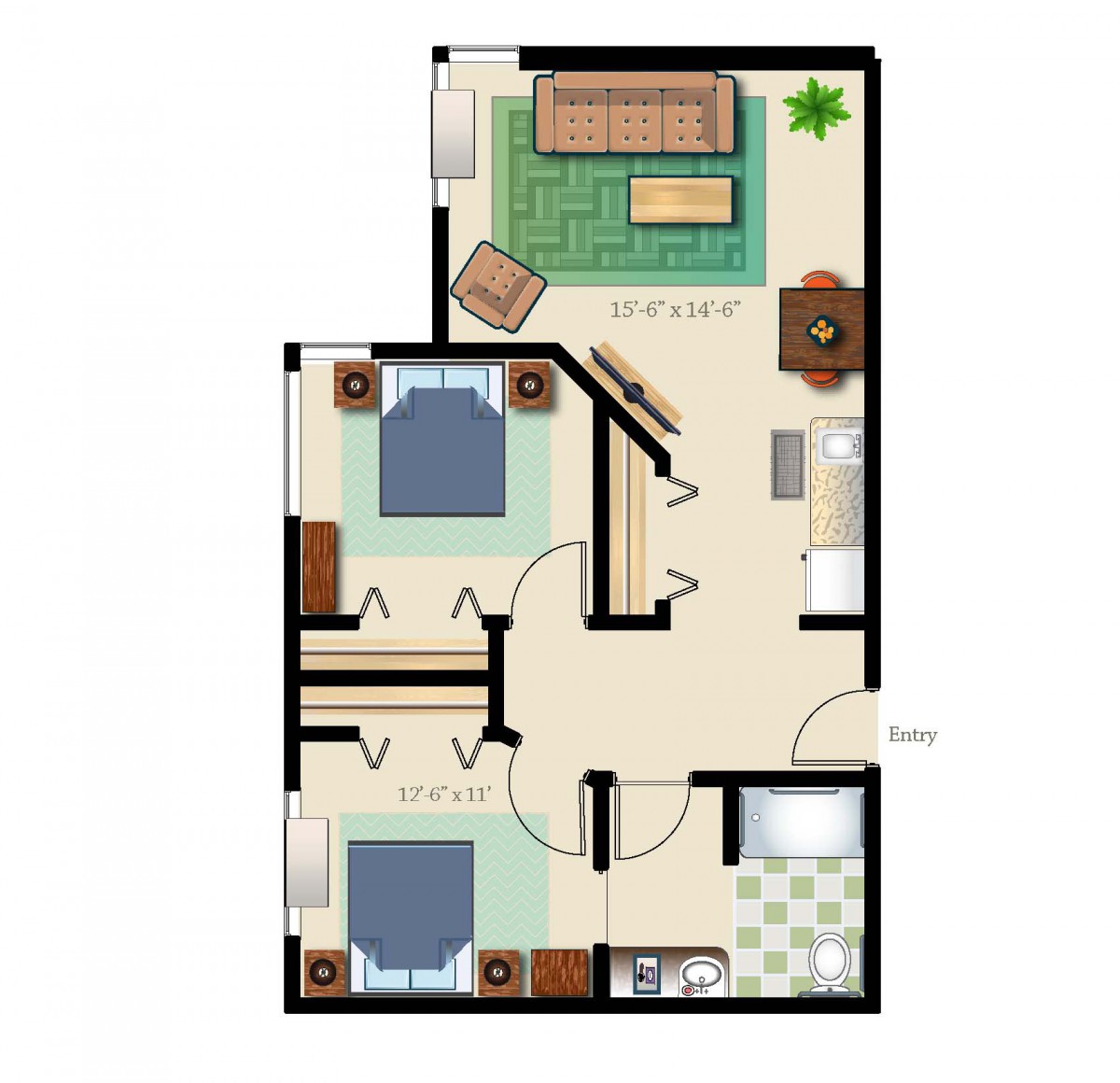 A floor plan of a two-bedroom apartment featuring a living room, dining area, kitchen, and bathroom.