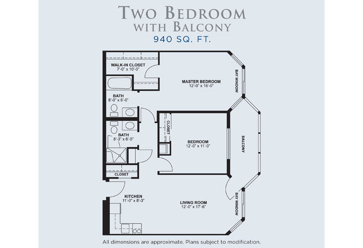 Floor plan of a two-bedroom apartment with a balcony, featuring a living room, kitchen, and bathroom.