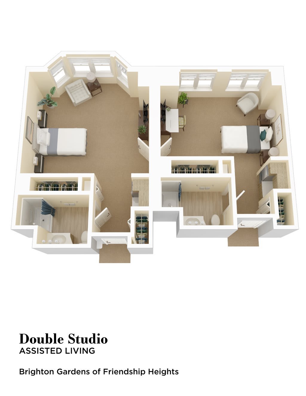 3D floor plan of a double studio apartment layout.