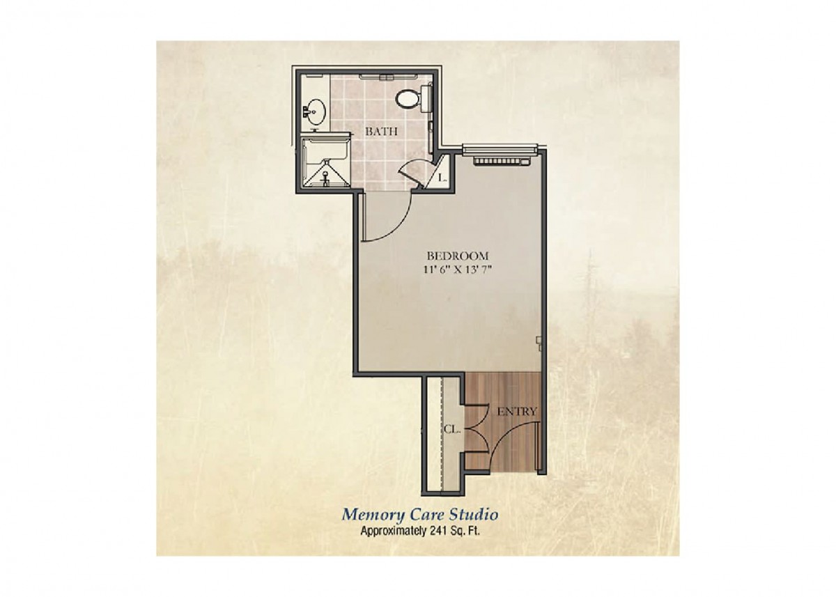 Floor plan of a Memory Care Studio apartment, showing the layout and approximate dimensions.