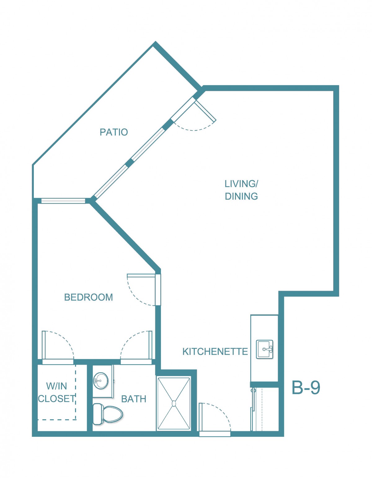 Blueprint of a one-bedroom apartment featuring a living/dining area, kitchen, bath, and patio.