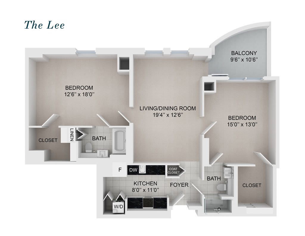 Two-bedroom apartment floor plan with a living room, kitchen, bathroom, and balcony.
