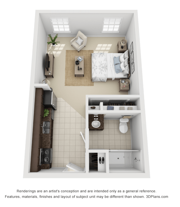 A 3D floor plan of a compact studio apartment showcasing an efficient layout with a sleeping area, living space, kitchen, and bathroom.