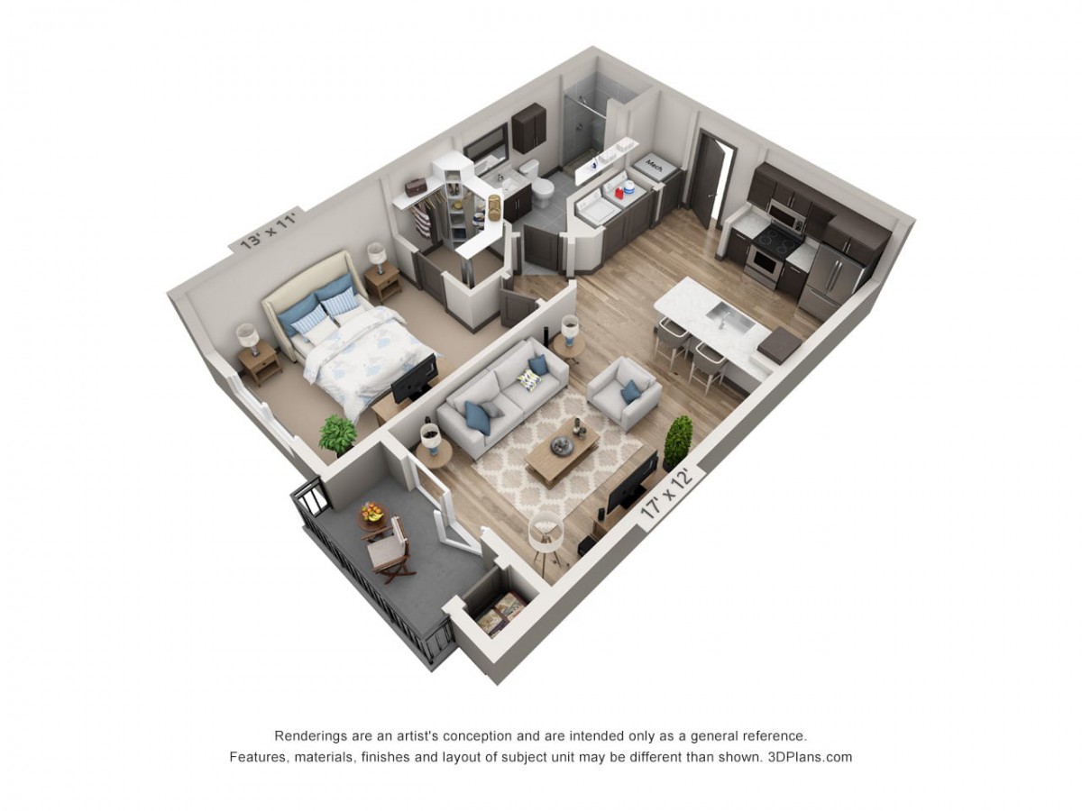 A 3D floor plan of a modern one-bedroom apartment with a living room, kitchen, and bathroom.