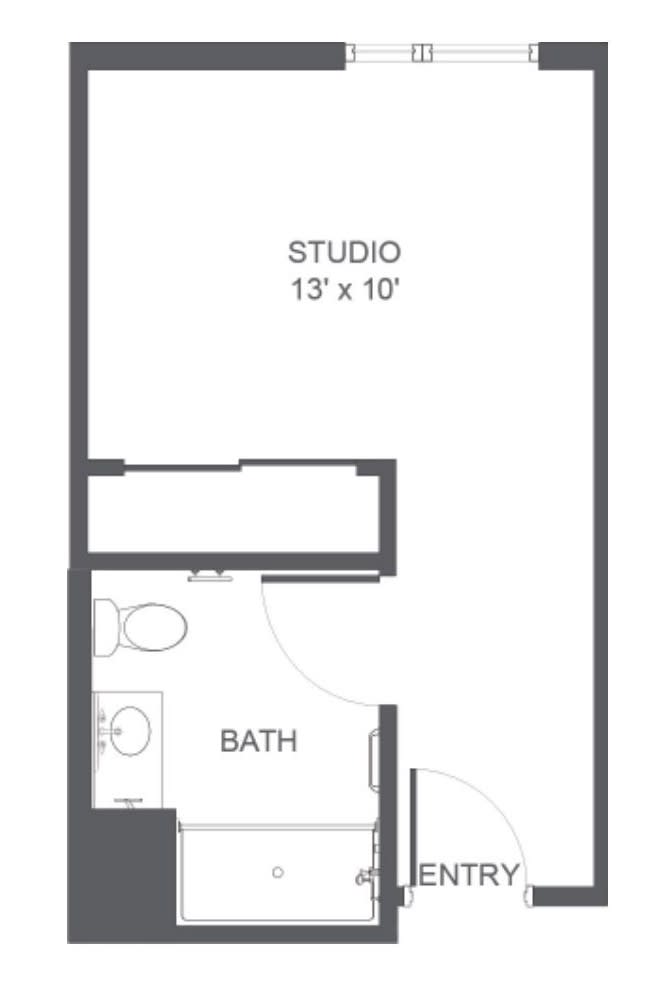 Studio apartment floor plan with dimensions of 13' x 10', including a bathroom.