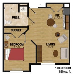 A floor plan of a one-bedroom apartment with a 550 sq. ft. layout, including living room, kitchen, bedroom, bathroom, and closet.