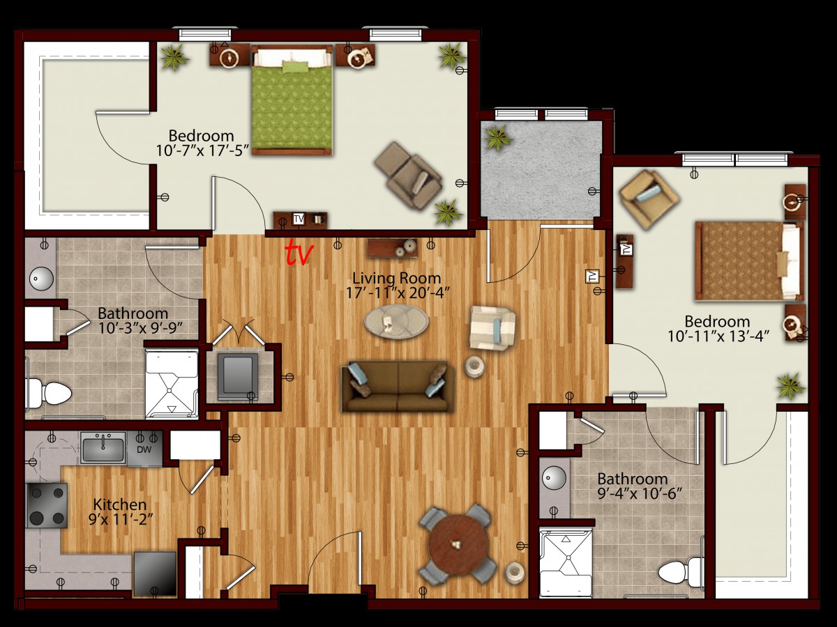 A detailed floor plan of a 3-bedroom apartment, showcasing furniture arrangement and room dimensions.