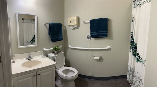 A clean and accessible bathroom with a toilet, sink, and handrails.