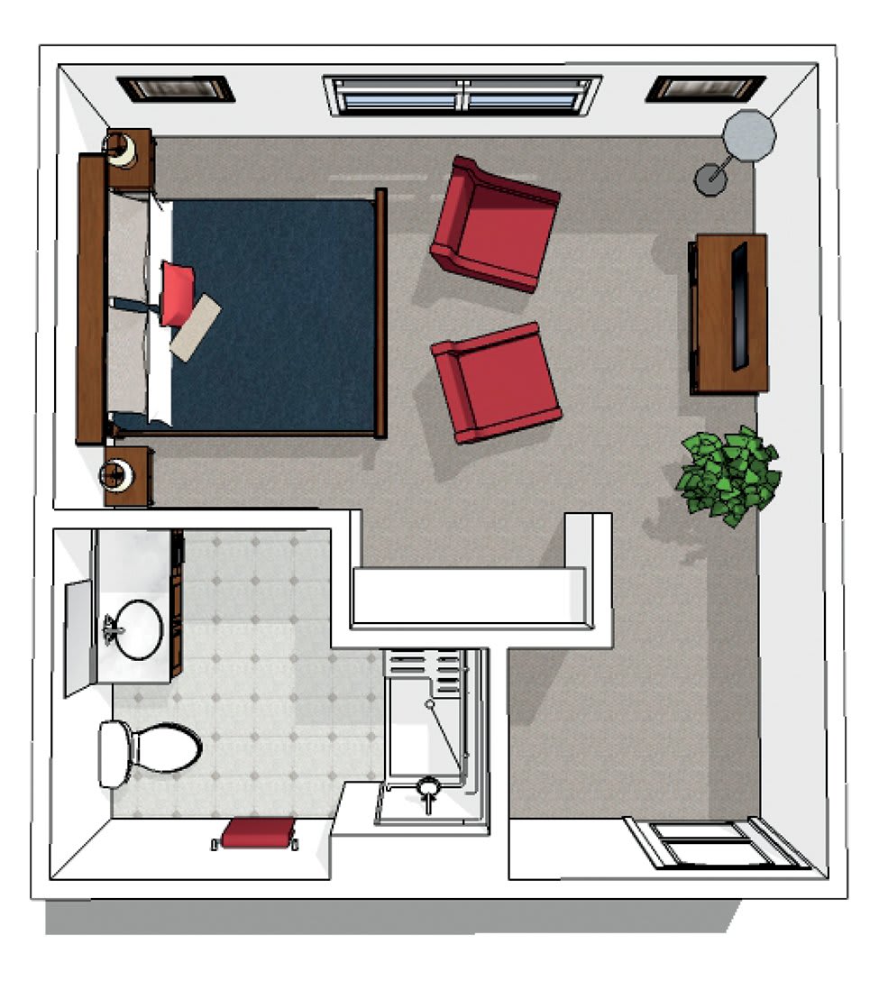 A 3D floor plan showing a bedroom with two chairs, a bed, and an attached bathroom.