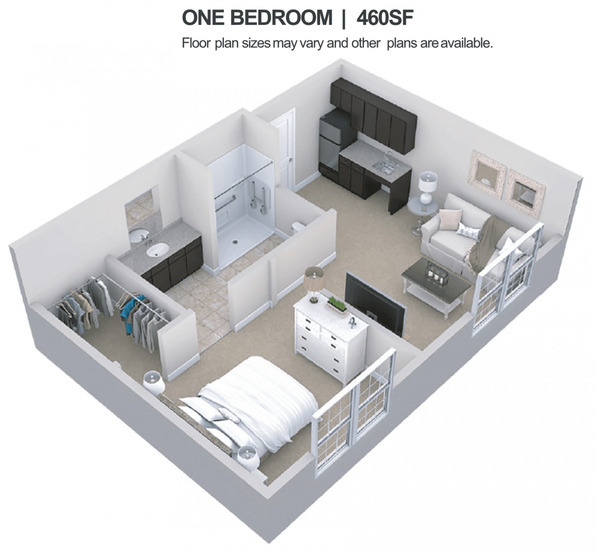 A 3D floor plan of a one-bedroom apartment featuring an open living area, kitchen, bathroom, and bedroom.