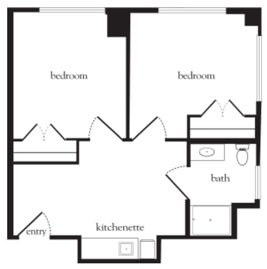 A simple floor plan of a two-bedroom apartment featuring a kitchenette and bathroom.