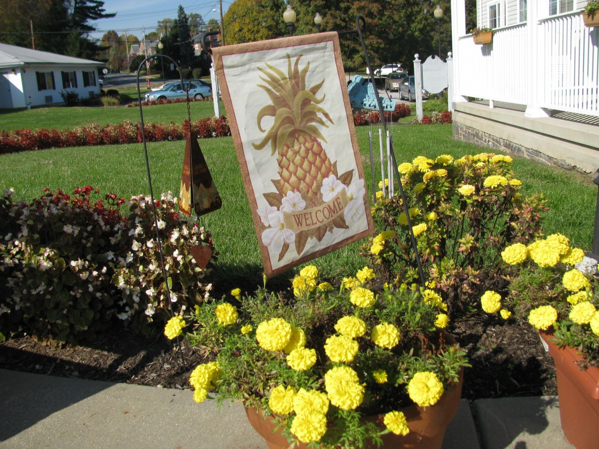 A garden with a decorative pineapple sign surrounded by vibrant yellow flowers.