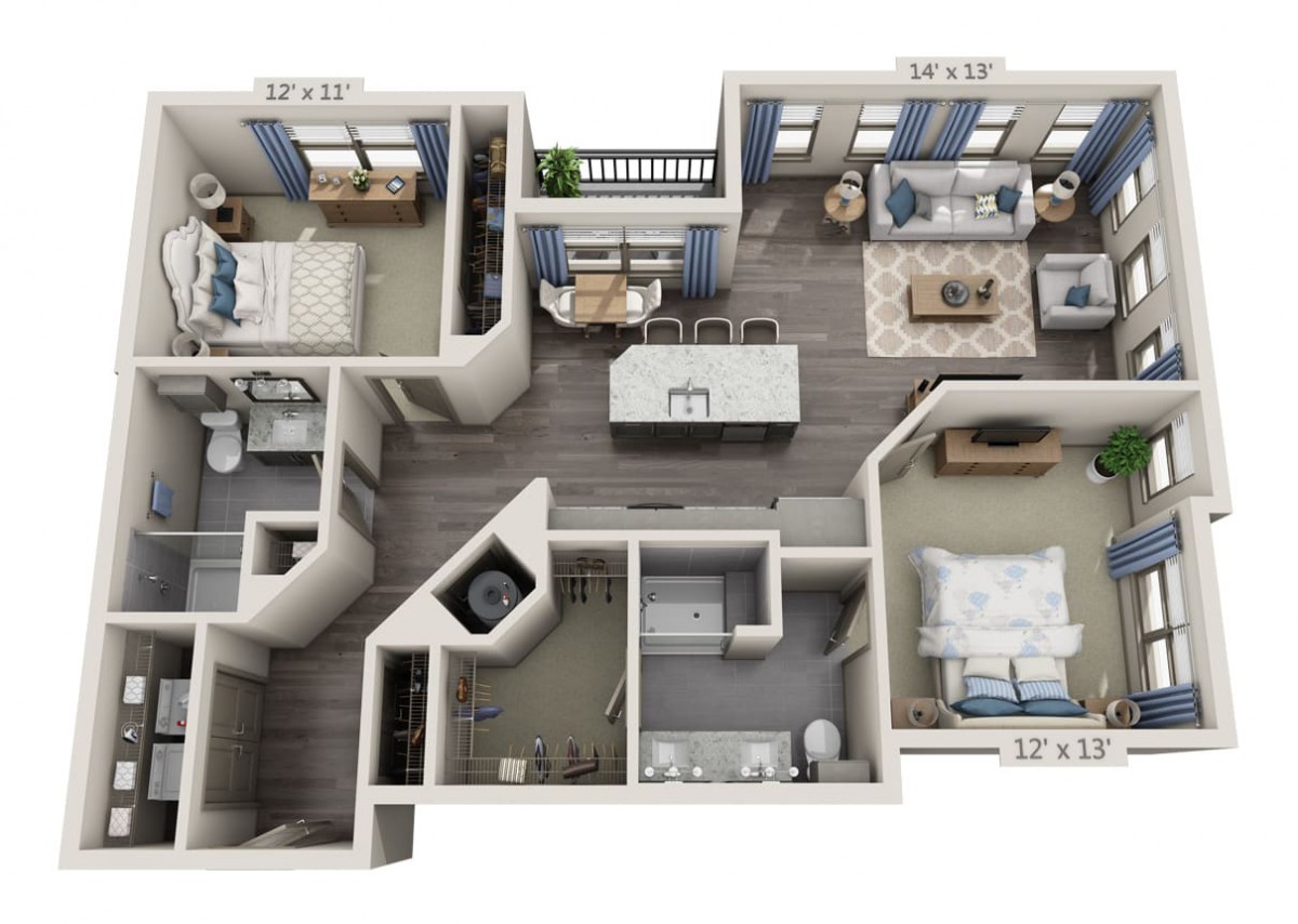 A modern two-bedroom apartment floor plan with an open kitchen and living area.