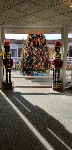 A festive display featuring a beautifully decorated Christmas tree flanked by nutcracker figures.