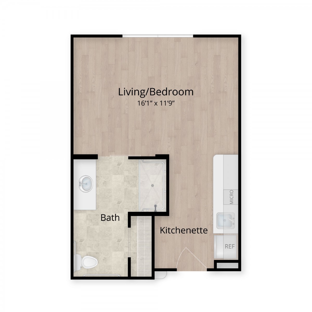 Studio apartment floor plan with living/bedroom, bath, and kitchen areas.