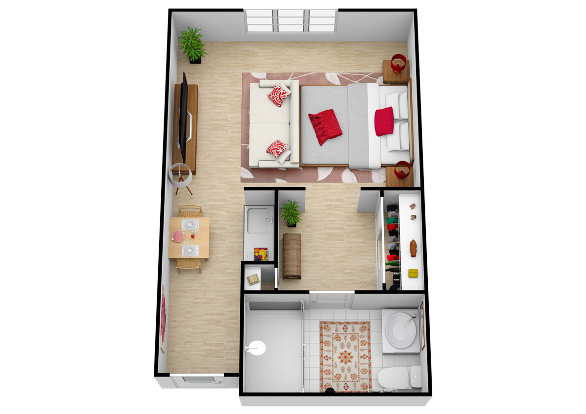 A 3D rendering of a one-bedroom apartment with a living room, kitchen, and bathroom.