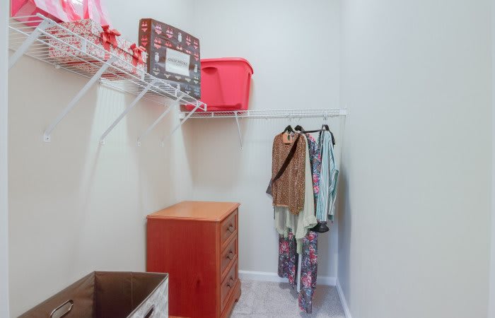 An organized closet with hanging clothes, shelves, and storage boxes.