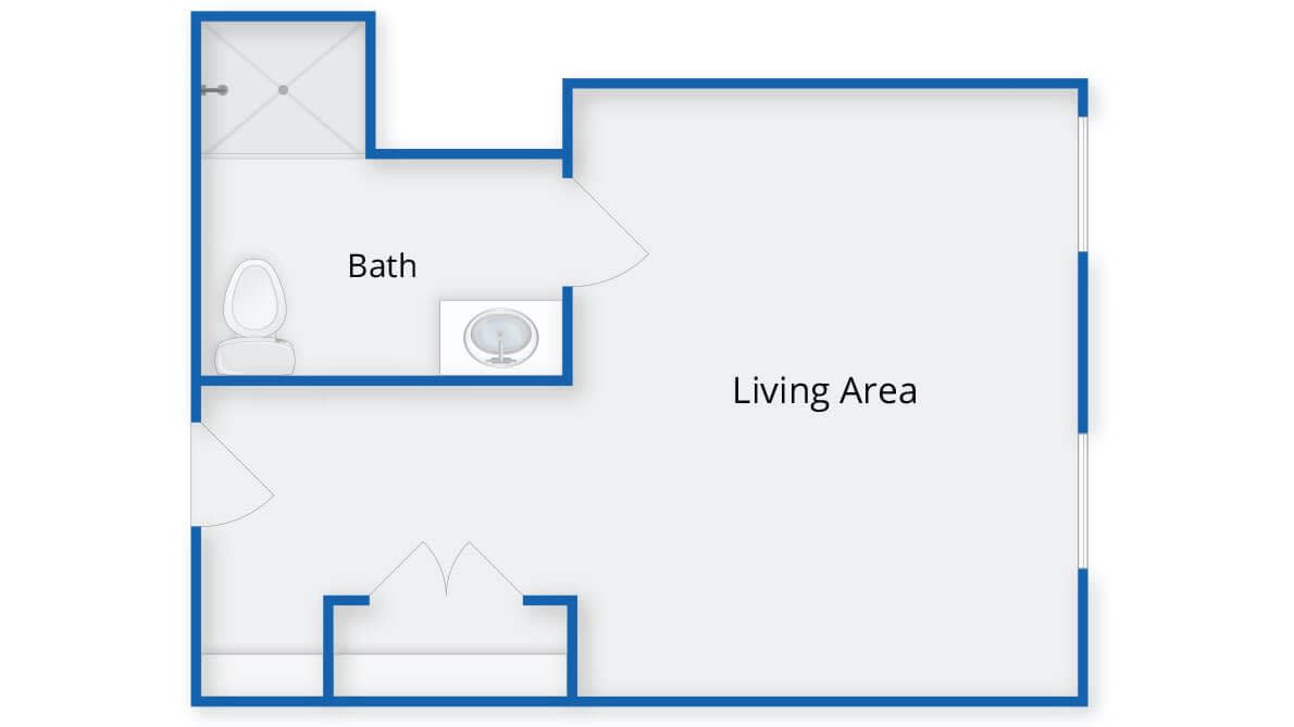 Small apartment floor plan with living area and bathroom.