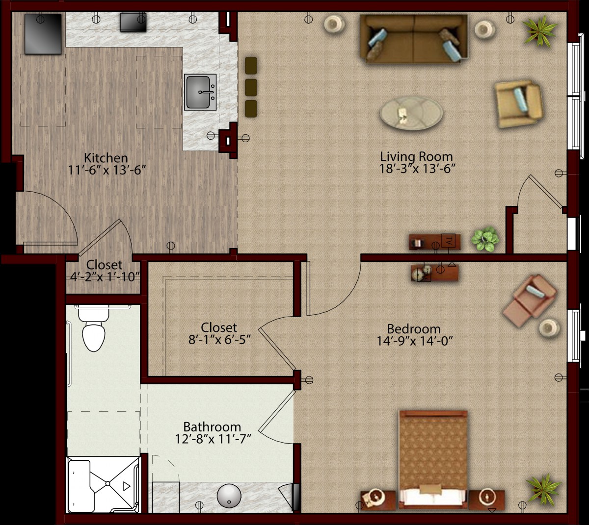 A detailed floor plan of an apartment with labeled room dimensions.