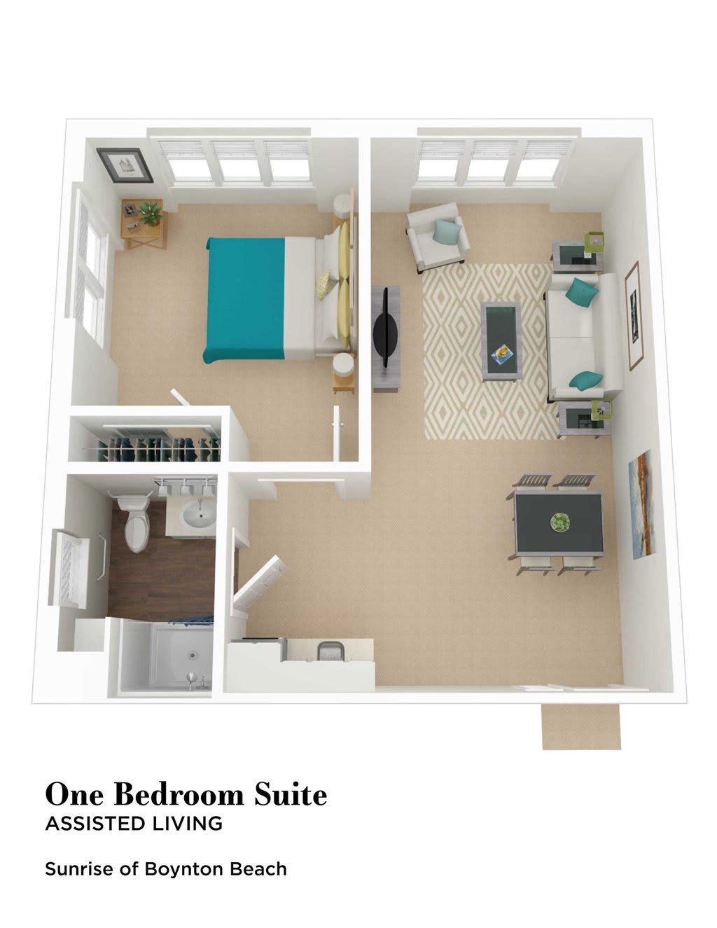 A 3D floor plan of a one-bedroom suite featuring a living room, bedroom, bathroom, and kitchen.