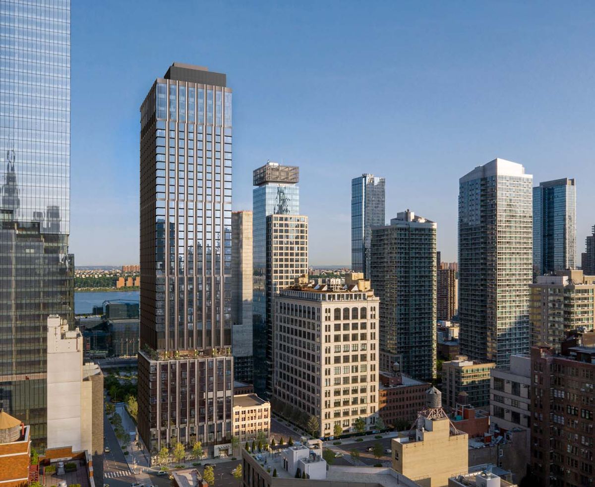 A skyline view featuring a cluster of modern skyscrapers in an urban setting.