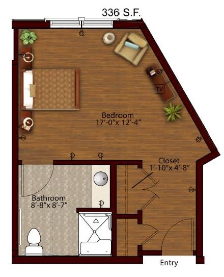 A compact apartment floor plan featuring a bedroom, bathroom, and closet space.