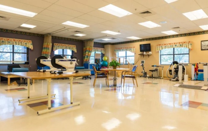 A well-equipped rehabilitation center with exercise equipment and therapy areas.