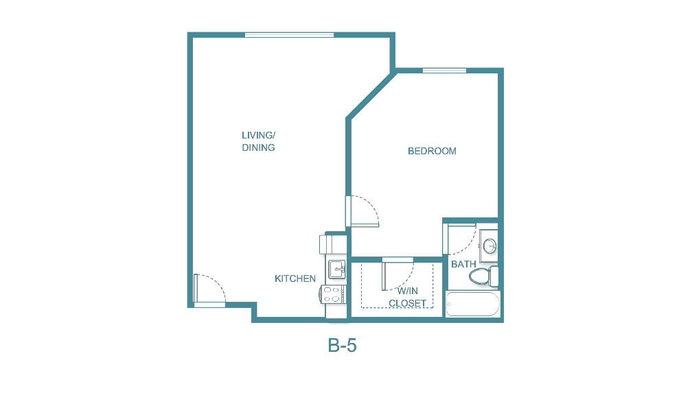 A floor plan of a one-bedroom apartment with a living room, kitchen, and bathroom.