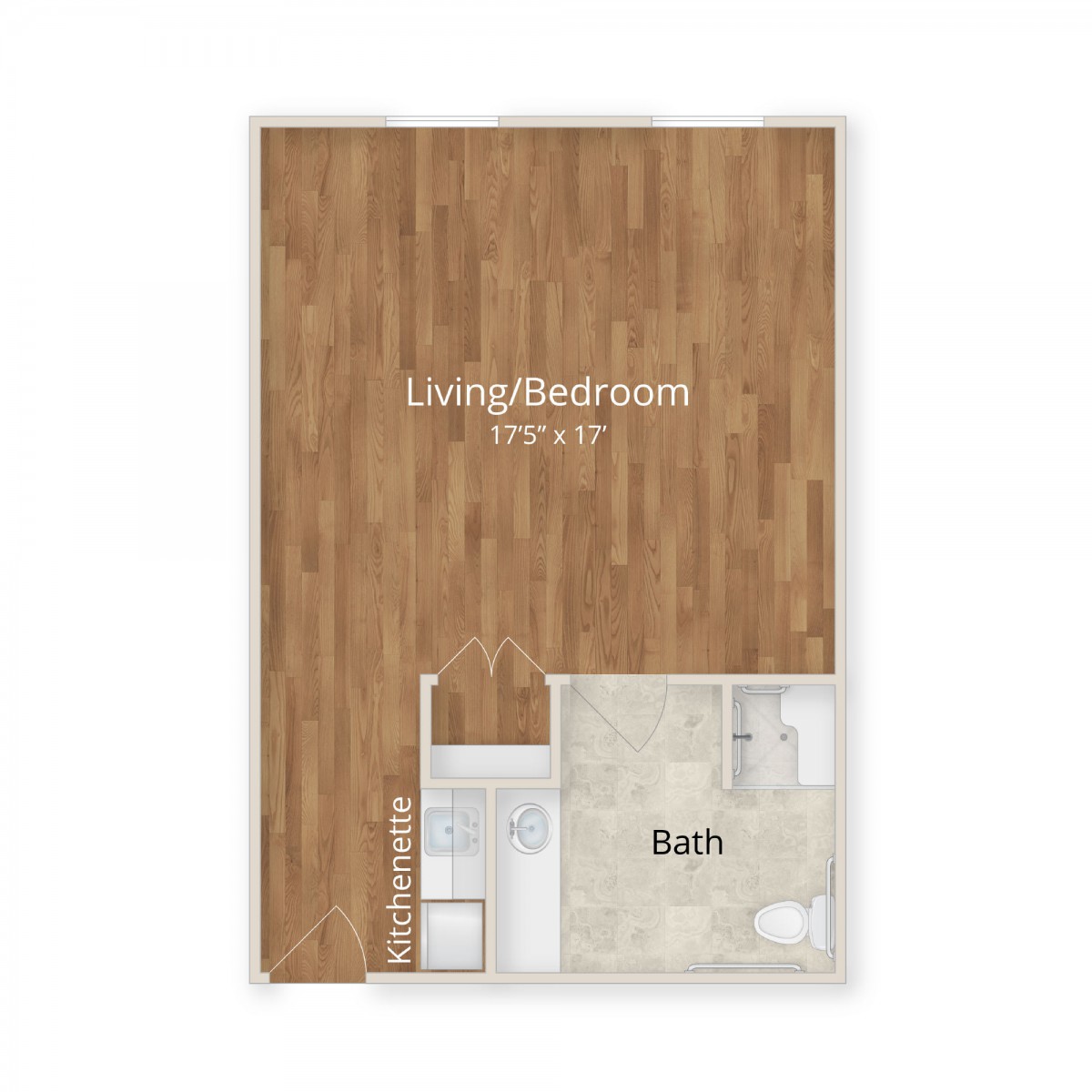 Studio apartment floor plan with a combined living/bedroom area and separate bathroom.