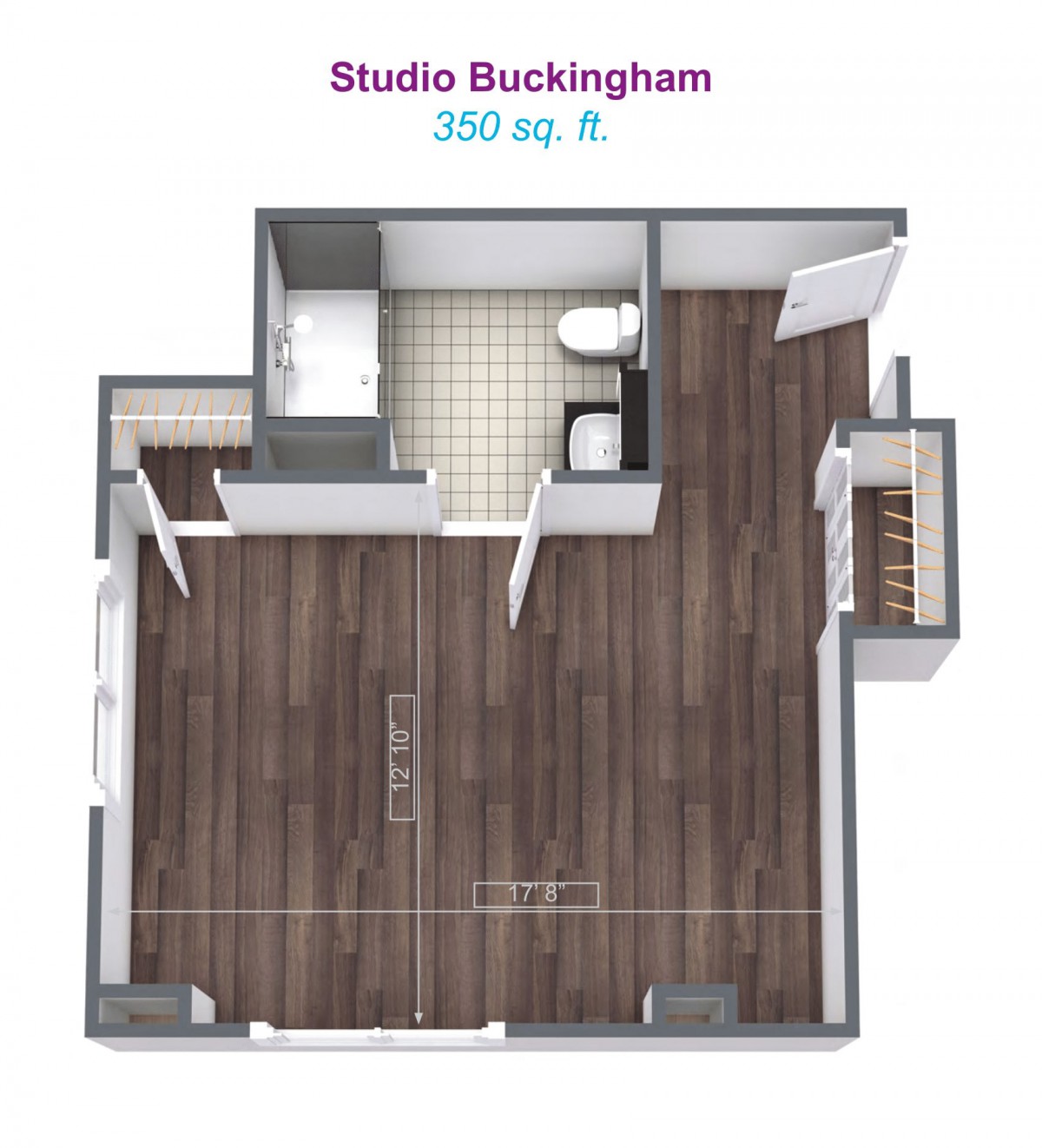 3D floor plan of a Studio Buckingham apartment measuring 350 sq. ft.