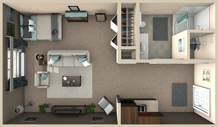 A furnished apartment floor plan illustrating a one-bedroom layout with a living room, kitchen, and bathroom.