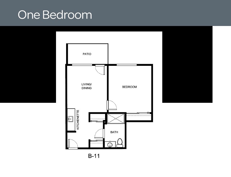 A floor plan of a one-bedroom apartment layout.