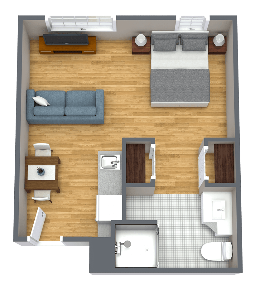 A compact floor plan of a studio apartment, featuring a combined living and sleeping space, kitchen, and bathroom.