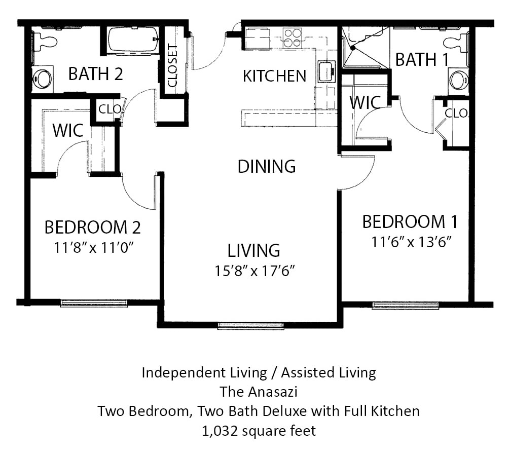 A floor plan of a two-bedroom, two-bathroom apartment with a full kitchen and living/dining area.