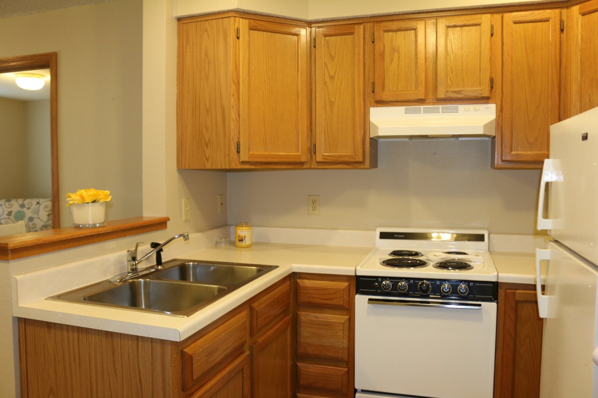 A compact kitchen with wooden cabinets, an electric stove, and a dual sink.