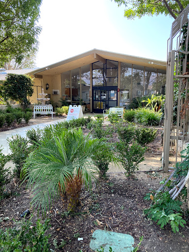A modern architectural design surrounded by lush greenery and palm trees.