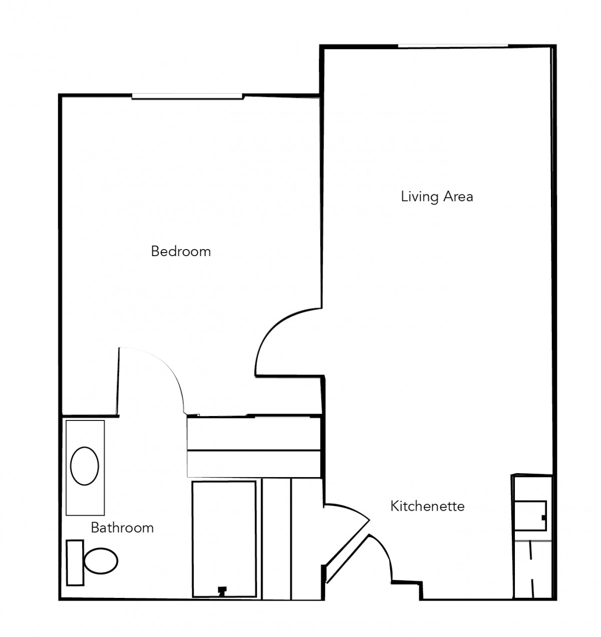 A simple floor plan of a one-bedroom apartment featuring a living area, bedroom, bathroom, and kitchen.