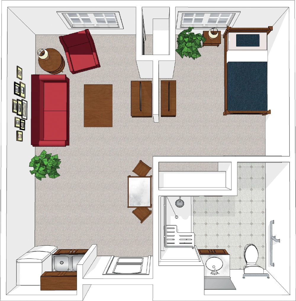A detailed floor plan of a small apartment featuring a living room, bedroom, kitchen, and bathroom.