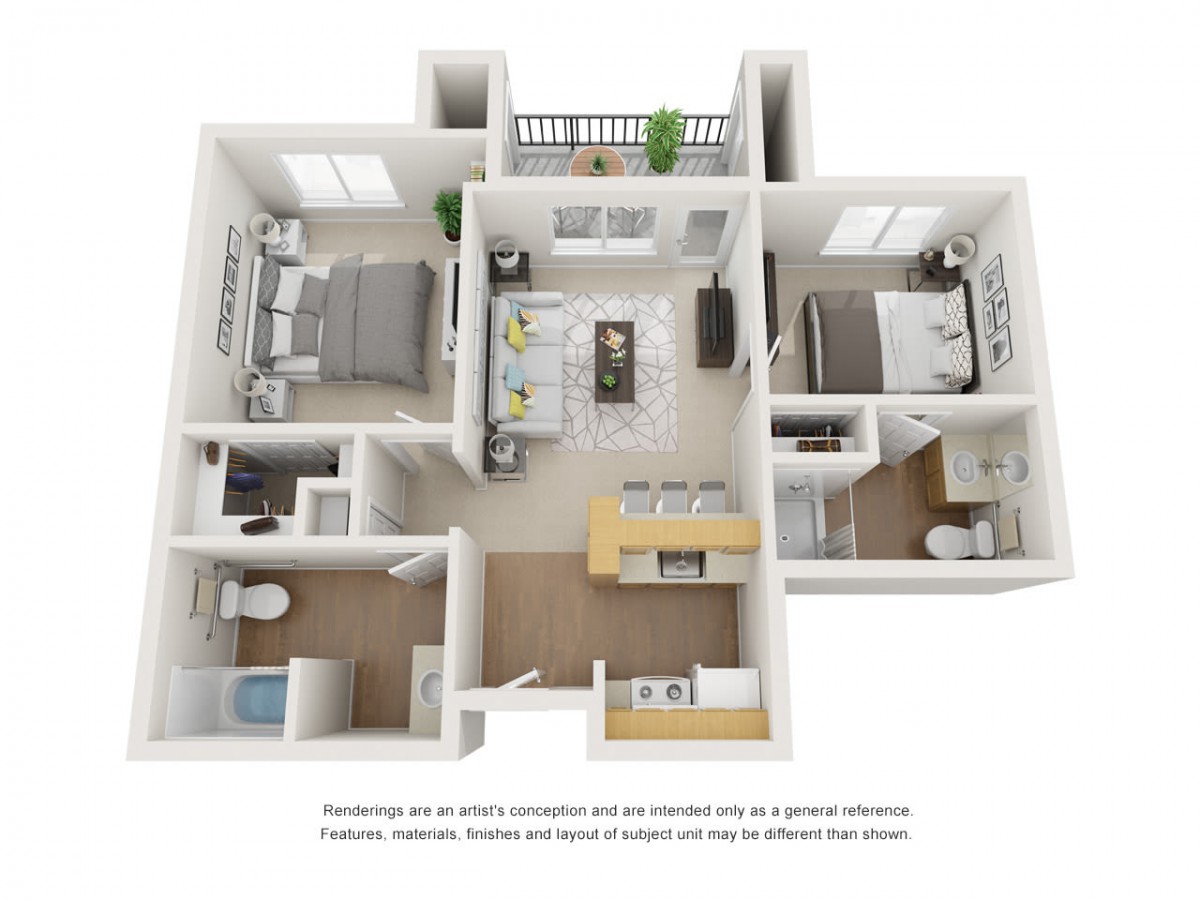 3D floor plan of a two-bedroom apartment featuring a living room, kitchen, and bathroom.