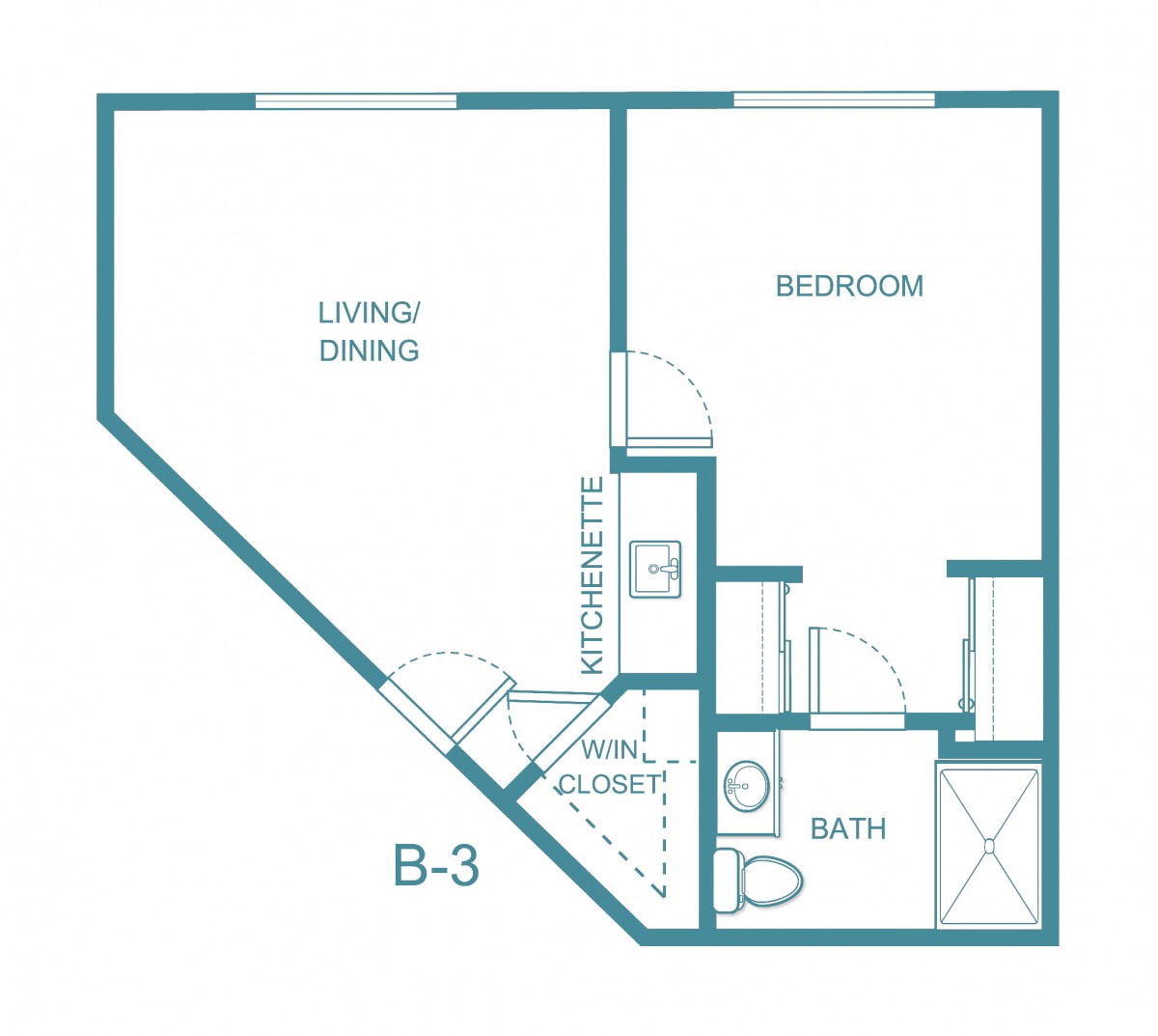 Blueprint of an apartment layout featuring a living/dining area, bedroom, bathroom, and closet.