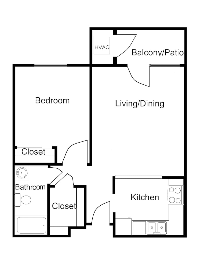 Floor plan of a one-bedroom apartment with living/dining area, kitchen, bathroom, and balcony.