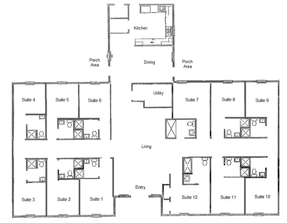An architectural floor plan showing the layout of multiple rooms and common areas in a building.