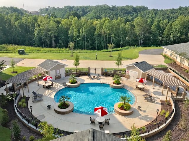 Aerial view of a circular outdoor swimming pool surrounded by greenery and umbrellas.